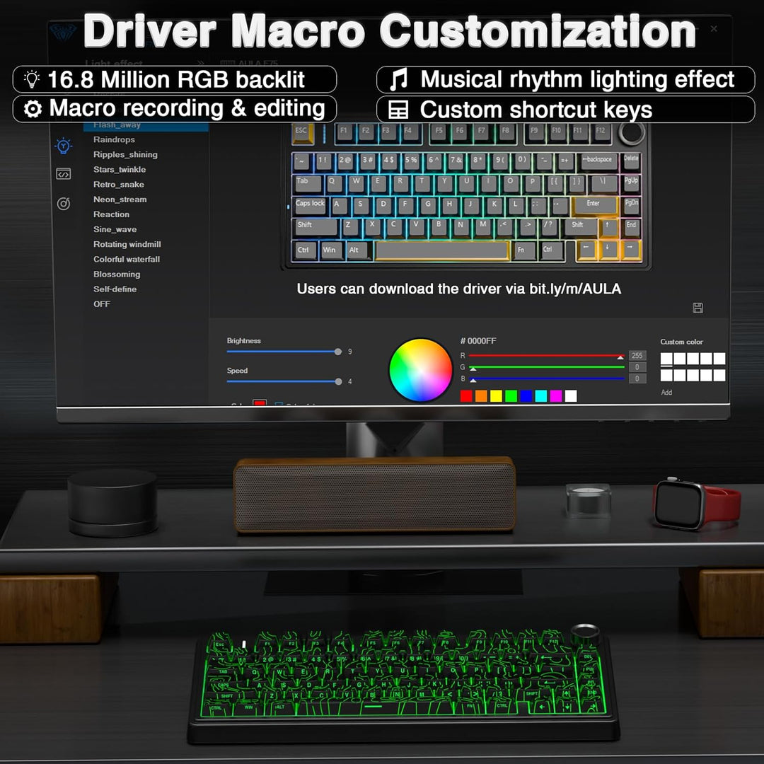 AULA Teclado mecánico inalámbrico F75 Pro con perilla, 75% teclados...
