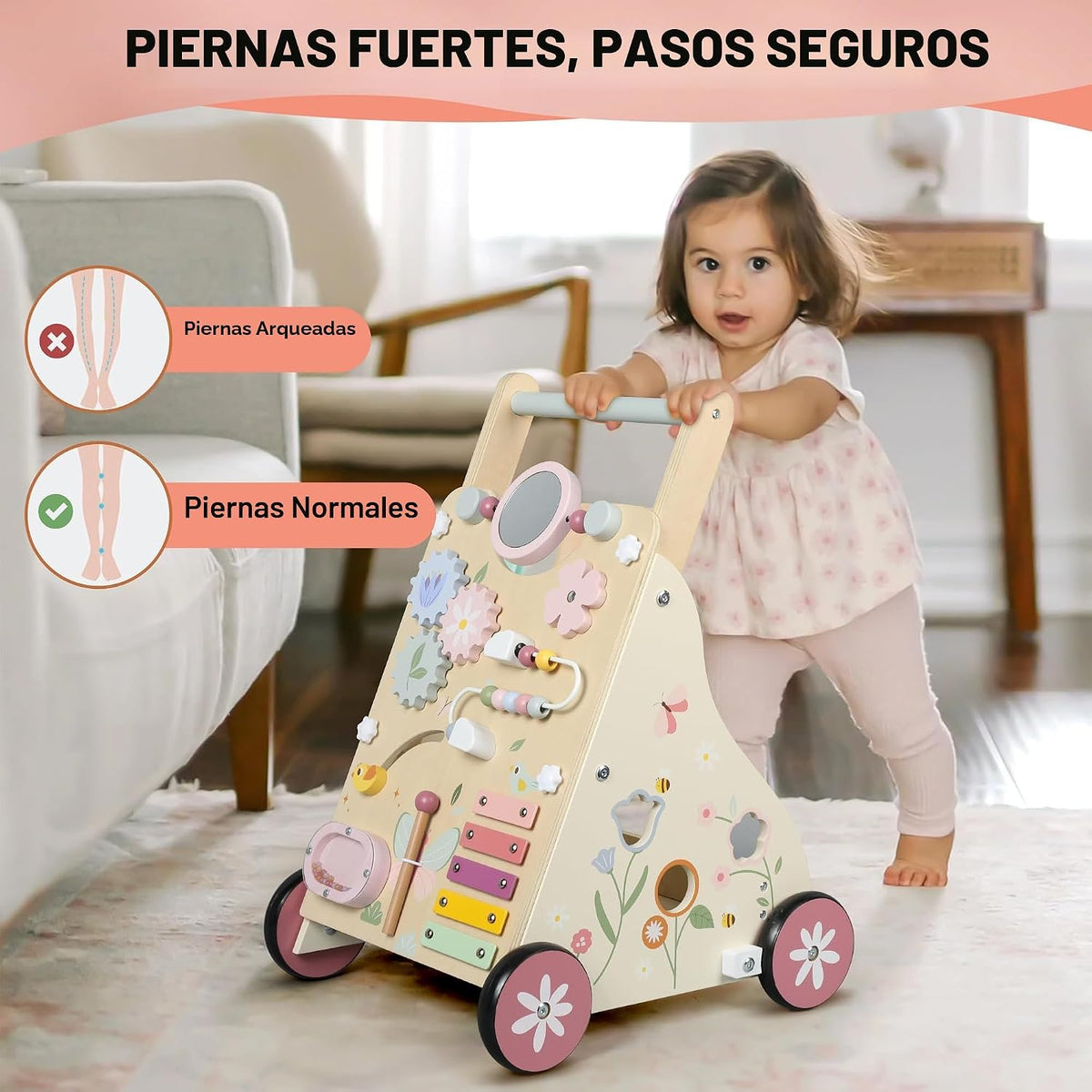 Caminador de madera para bebé, caminador de empuje para bebé, juguetes de caminador de empuje para bebés que aprenden a caminar y a pasar de sentado a de pie, con juguete sensorial