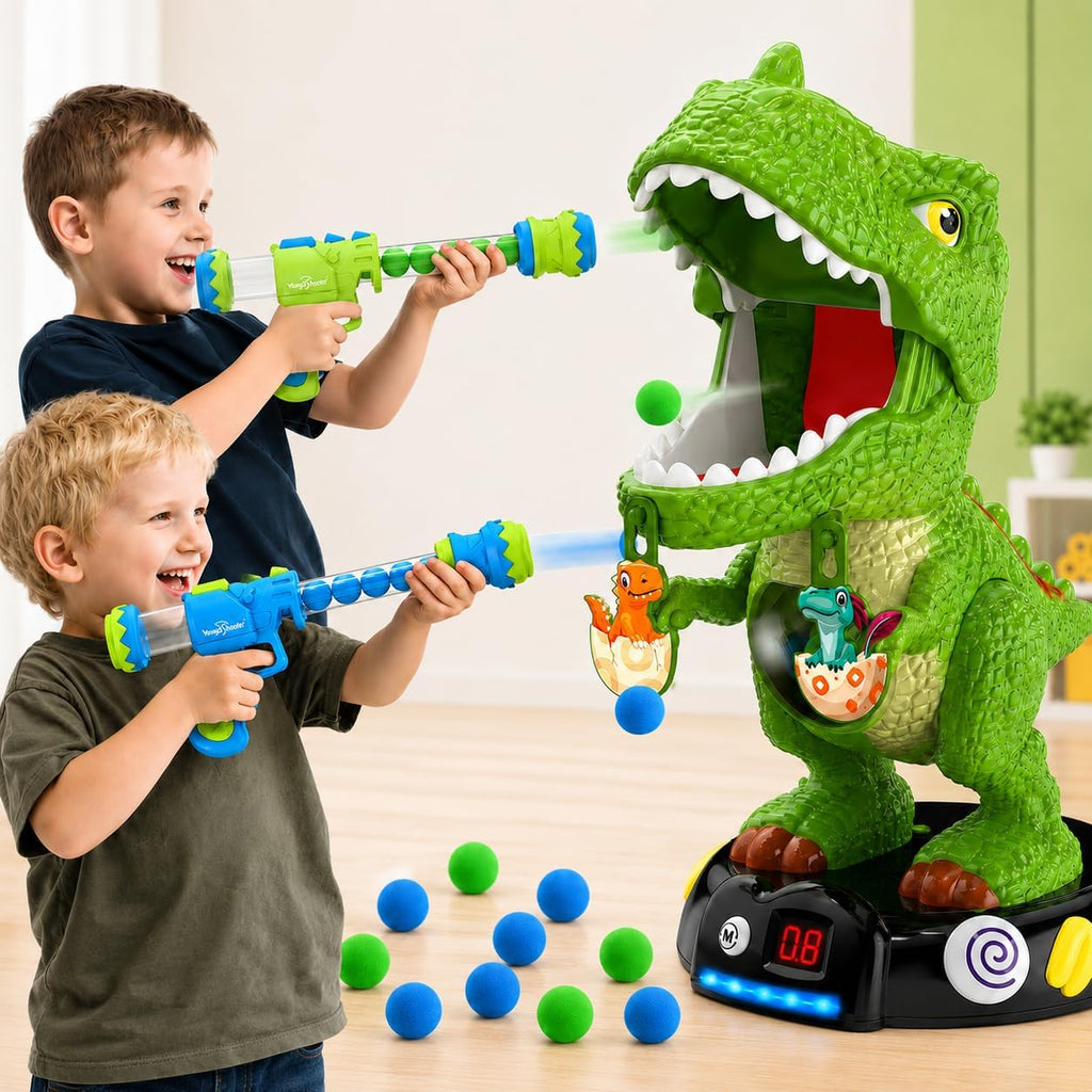 EagleStone - Juguete de tiro de dinosaurio en movimiento, juego de objetivo T-Rex con 2 pistolas de aire