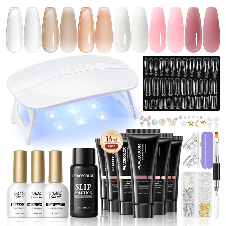 PEACECOLOR Kit de uñas de polygel de 24 piezas con luz UV, 6 colore...