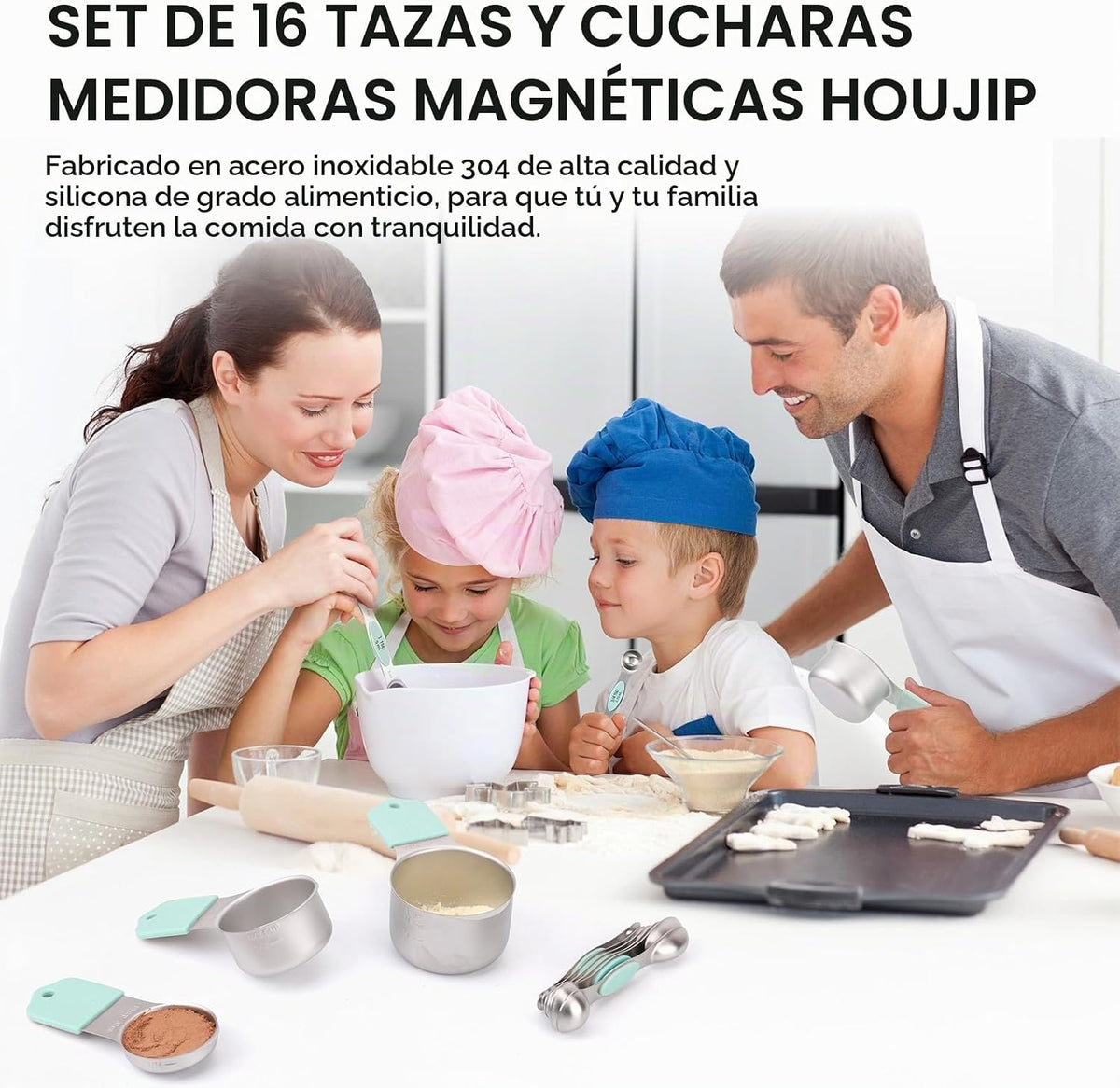 Juego de tazas y cucharas medidoras magnéticas - Acero inoxidable 304 de alta resistencia, marcas de medición dobles, juego de 16 con nivelador para medir ingredientes secos y líquidos (Menta)