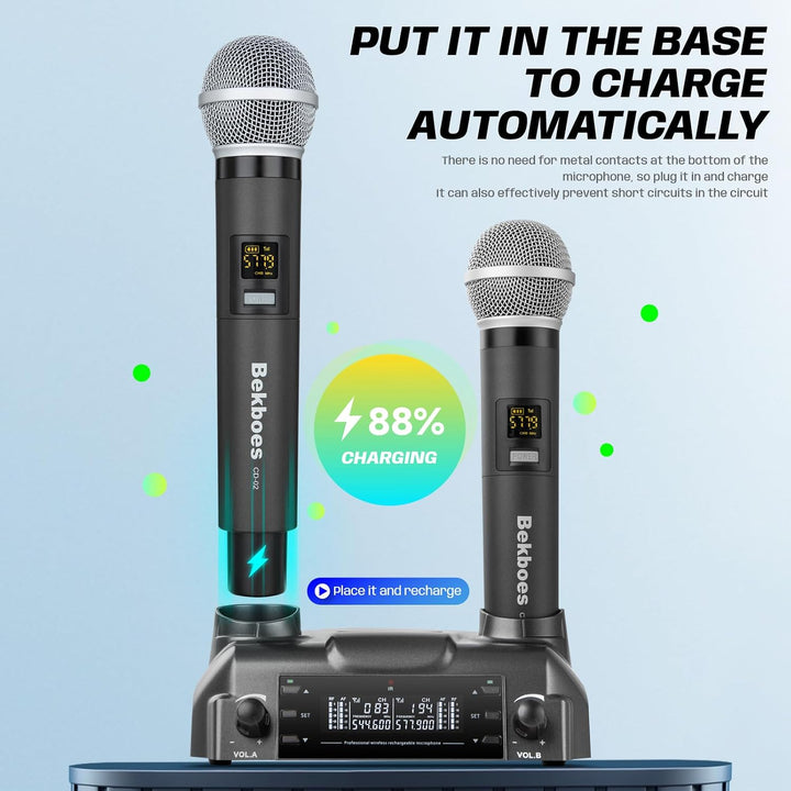 BEKBOES - Sistema de micrófono inalámbrico UHF de doble mano recarg...