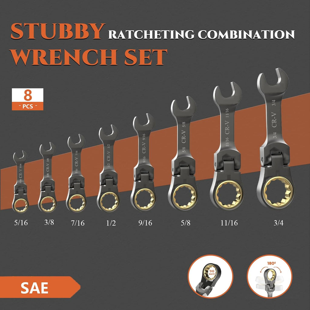 Juego de llaves rechonchas, 8 piezas SAE (5/16"- 3/4") con cabezal flexible de 180°