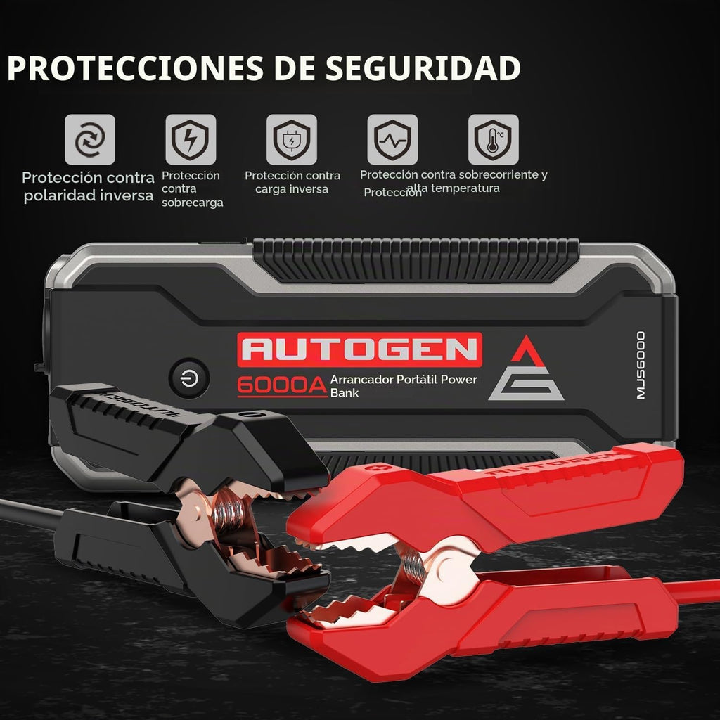 AUTOGEN - Arrancador de batería portátil de 6000 A, motor diésel de gasolina y 10.0 L, batería de arranque y caja de salto con salida de CC de 12 V y funda de EVA