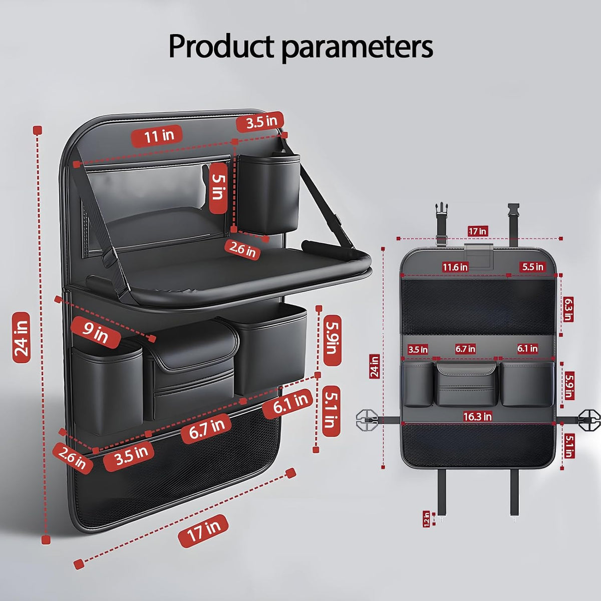 Paquete de 2 organizadores universales plegables para asiento trasero de automóvil con bandeja de mesa, protector de asiento de automóvil con soporte para teléfono para pantalla táctil, alfombrillas de cuero de primera calidad con bolsillos de