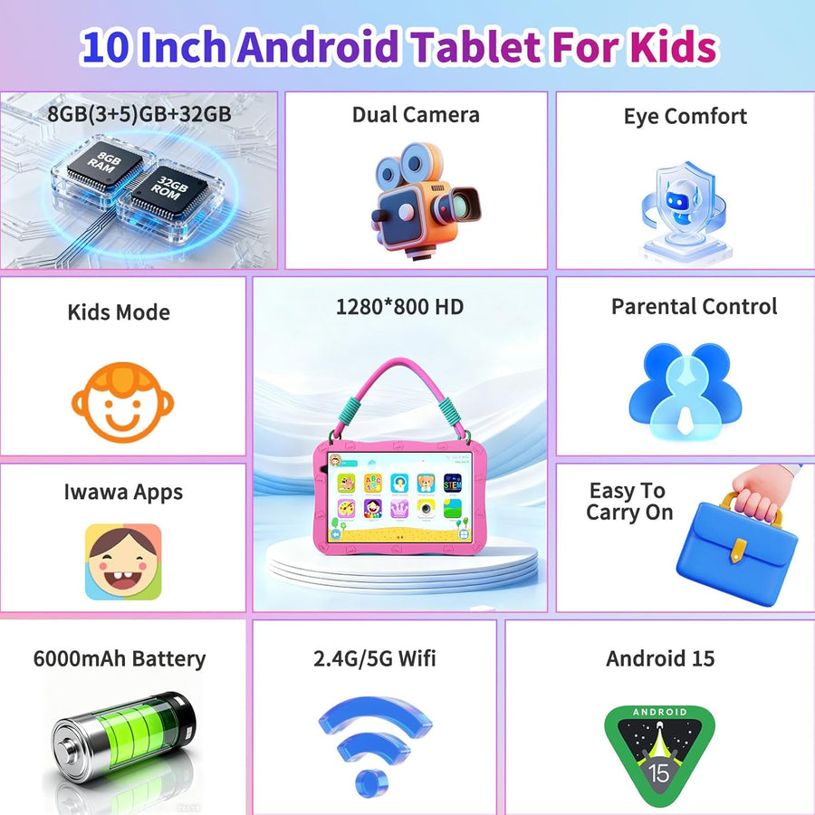 NEWISION Tablet de 10 pulgadas para niños, Android 15 Tablet educat...