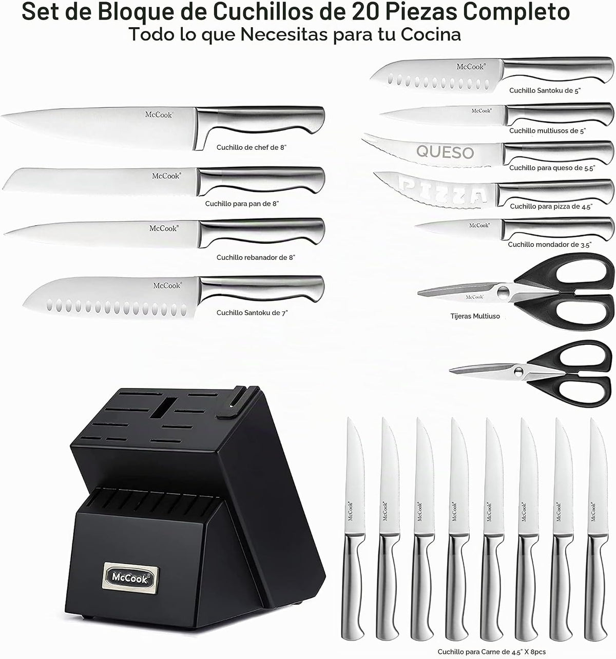 McCook Juego de cuchillos de cocina afilados con afilador incorporado
