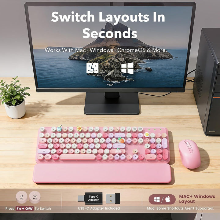 Combo de teclado y mouse inalámbricos, bonito teclado retro con tec...