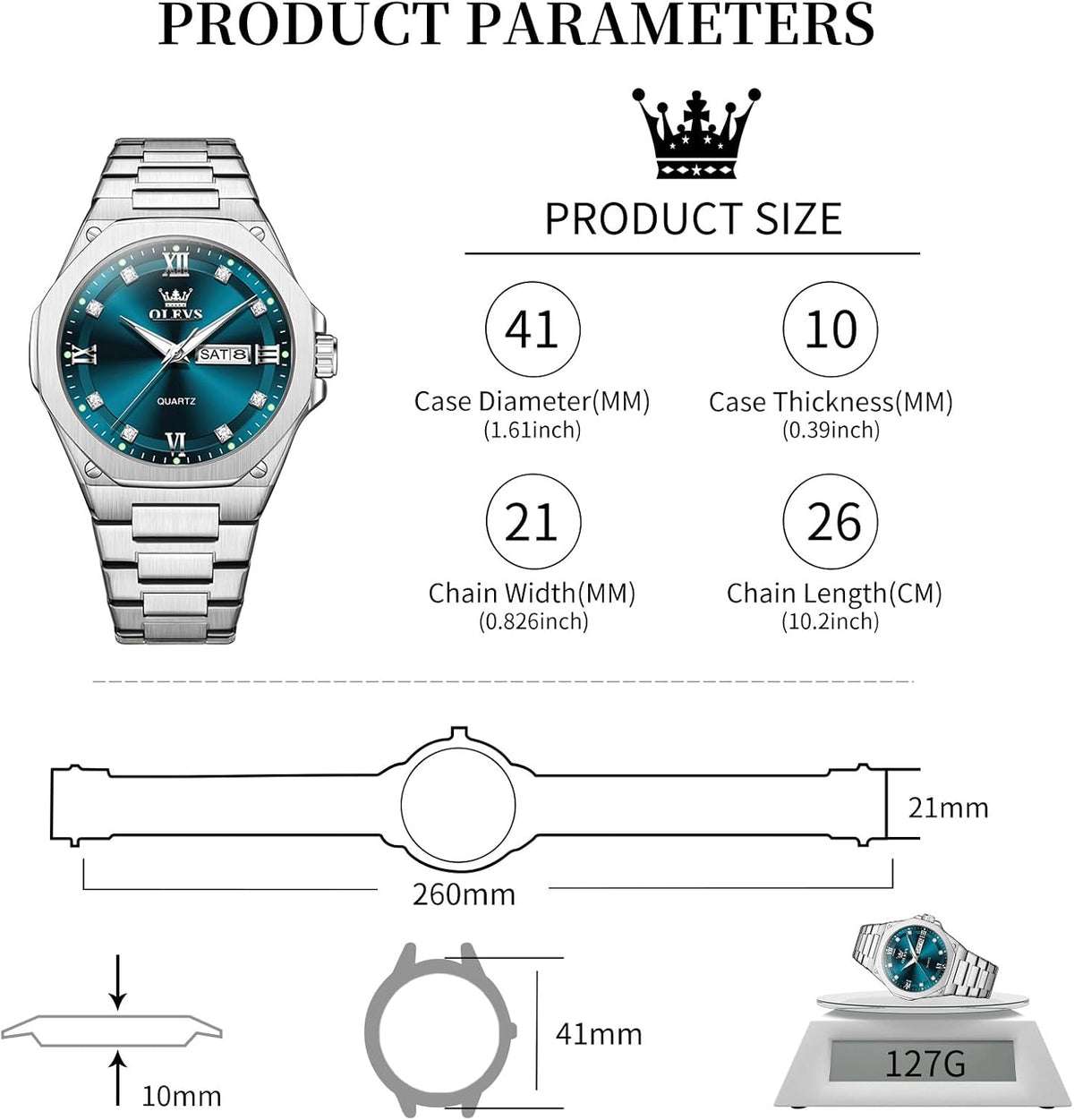 OLEVS Reloj de cuarzo octogonal de acero inoxidable para hombre, resistente al agua, para negocios, casual, de vestir, reloj de pulsera de lujo con diamantes luminosos para el día y fecha, regalo para