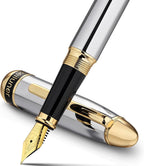 BEILUNER Pluma estilográfica cromada plateada 315, impresionantes plumas de lujo con detalles de oro de 24 quilates, hermosa plumilla dorada de 24 quilates (fina), convertidor de tinta, regalo de