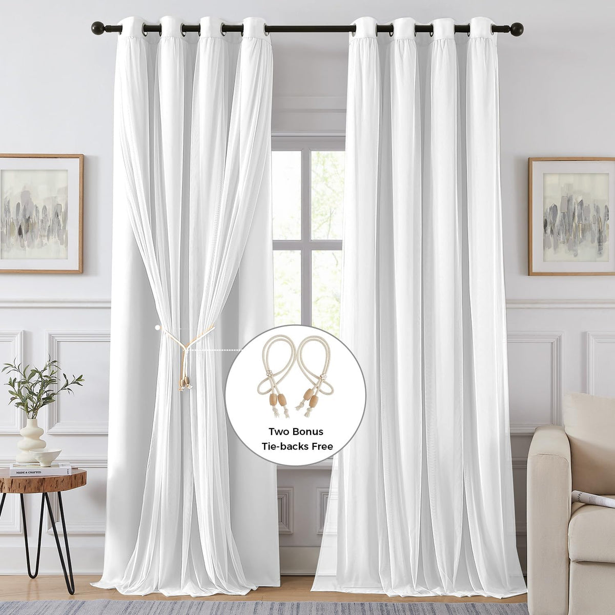 Cortinas 100% opacas para dormitorio, doble capa, color blanco