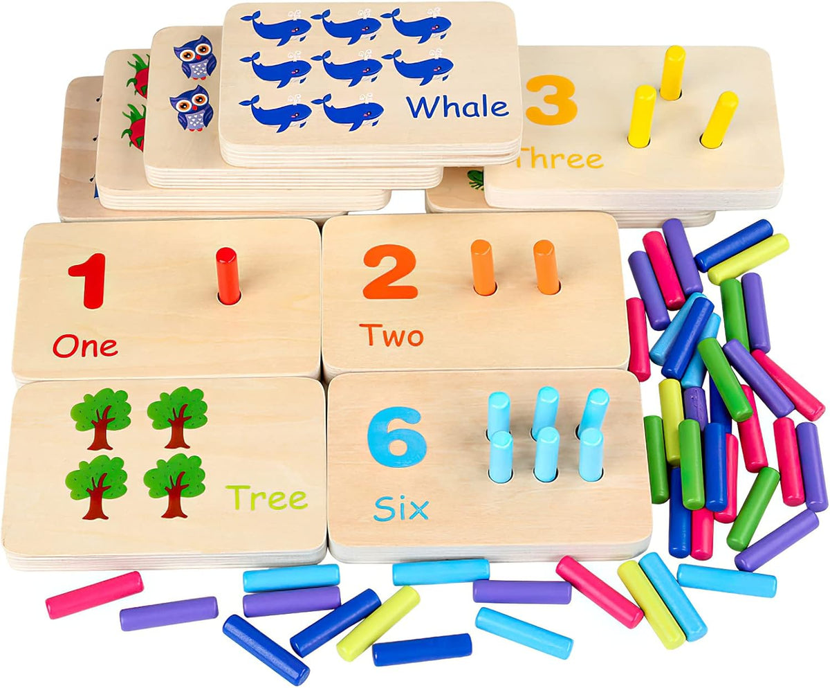 Montessori Bloques de conteo de números, juguetes de tablero de clavijas, materiales de manipulación matemática de madera para preescolar, juguete de aprendizaje Montessori para niños de jardín de infantes (clavija colorida)