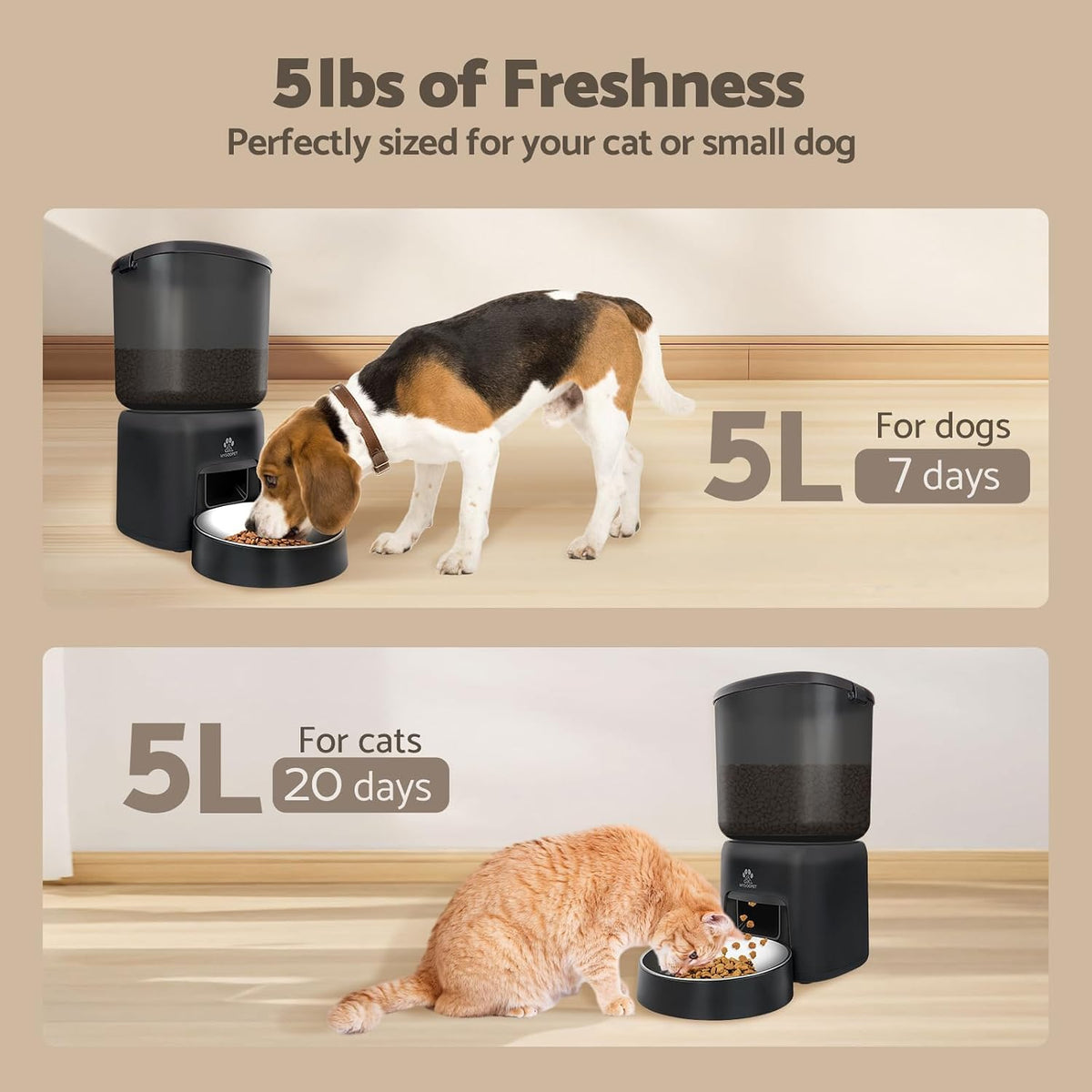 Alimentador automático para gatos, dispensador automático de alimentos para gatos 5G WiFi con bolsa desecante, alimentador para mascotas con temporizador de 5 litros con servicio de aplicación gratuito, porciones ajustables de hasta 1/12 taza, hasta 10