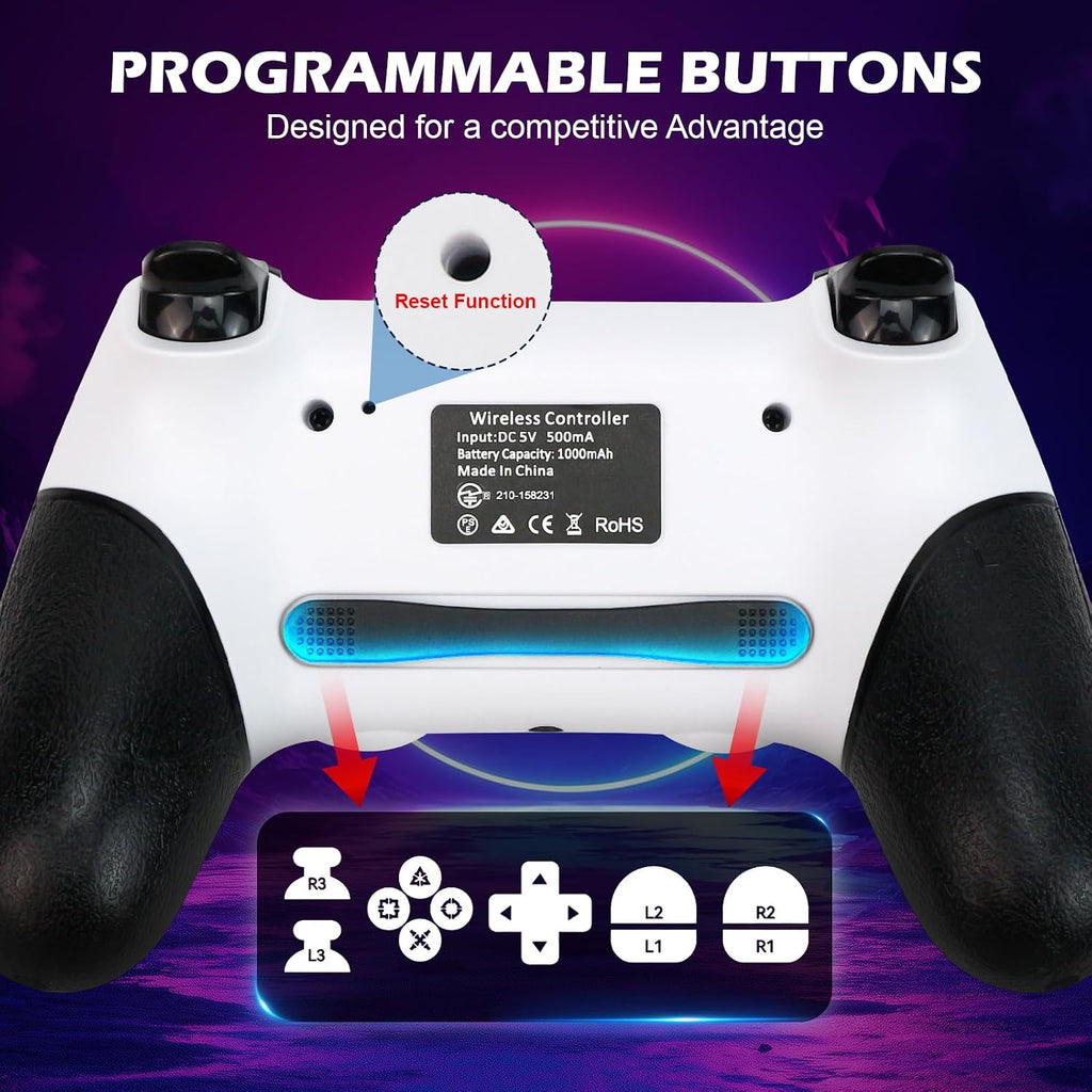 Paquete de 2 controles para PS4 con tapones para joysticks, control inalámbrico con botones traseros programables para PS4/Pro/Slim/PC, batería de 1000mAh/vibración dual/joystick con efecto Hall/panel táctil/giroscopio de 6 ejes/entrada de 3.5 mm