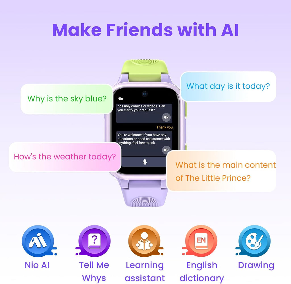 K9 Kids AI Smartwatch (morado) y K9 Kids AI Smartwatch (negro)