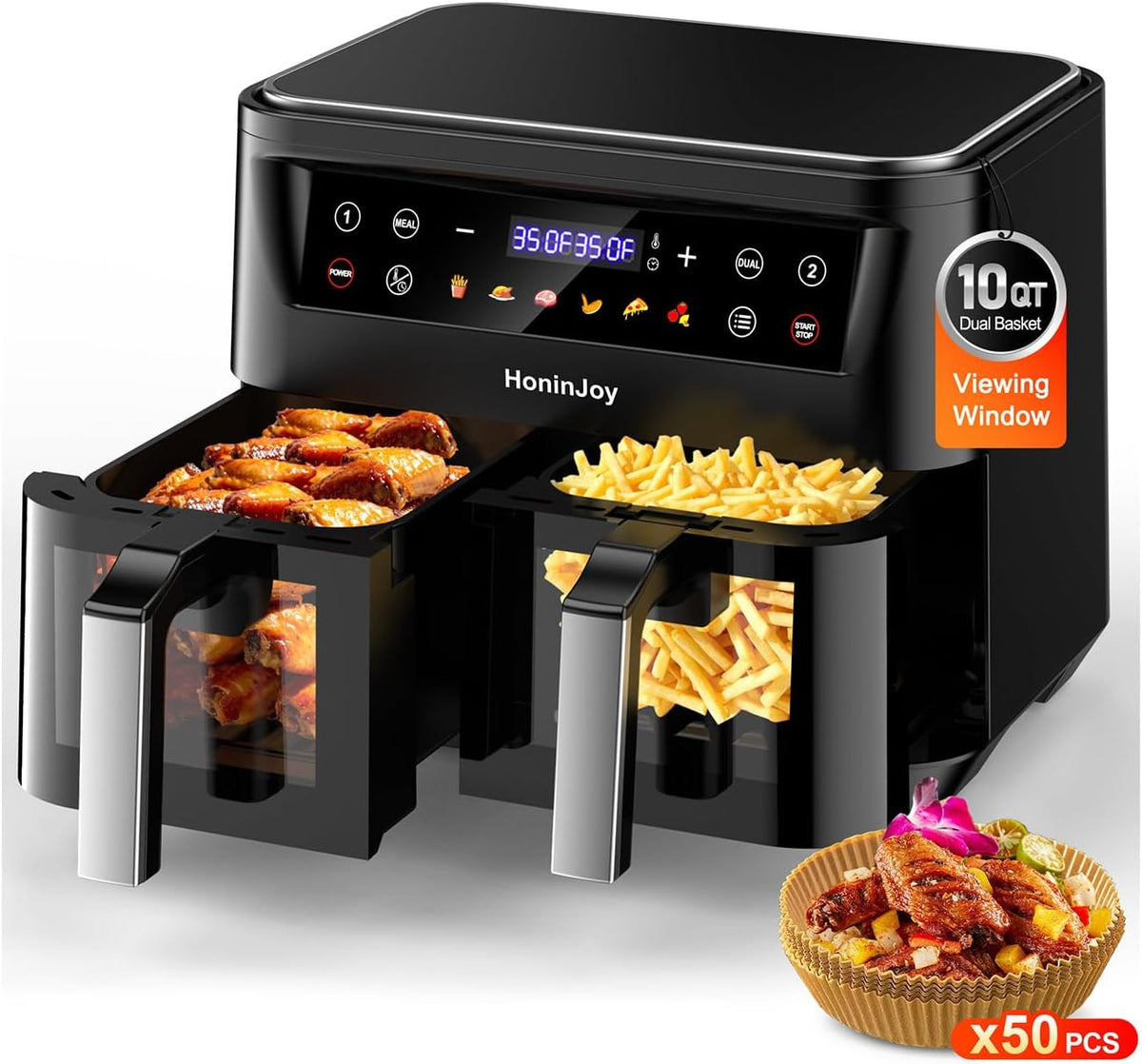SyncCook - Freidora de aire de doble cesta grande de 10 cuartos con ventana de visualización y 50 revestimientos de papel, 10 en 1 con pantalla táctil digital de doble zona, freidora de aire SyncCook