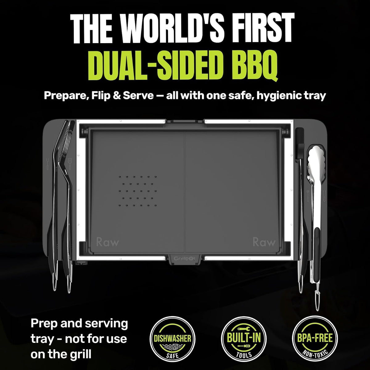 Grillbot FlipTray Bandeja de Preparación y Servicio de Parrilla de Doble Cara - Separación de Alimentos Crudos/Cocidos, Bandeja del Sistema de Transporte para Parrilla BBQ, Herramientas de Acero