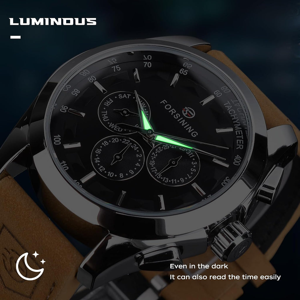 FORSINING Reloj deportivo transparente para hombre, correa de cuero genuino de lujo, reloj esqueleto mecánico automático de moda para hombre