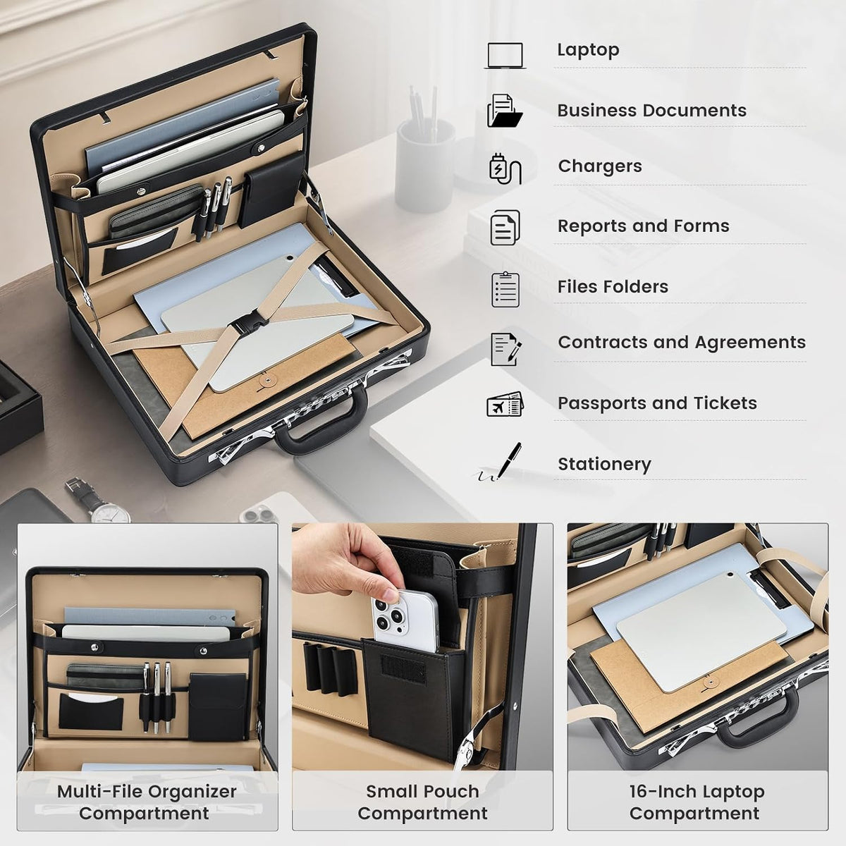 Maletines para hombre, estuche de transporte para portátil de 16 pulgadas, impermeable, de piel sintética, organizador de múltiples archivos con bloqueo antirrobo, estuche profesional de negocios para