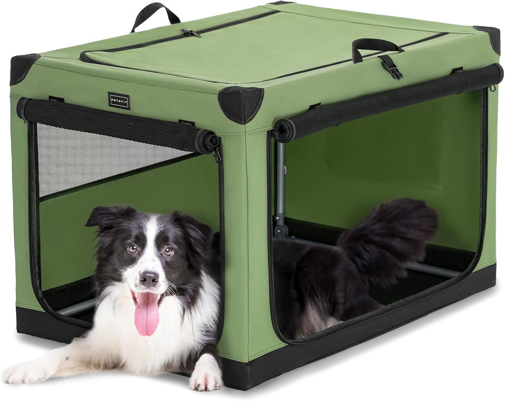 PETSFIT Jaula portátil suave de 36 pulgadas para perros – Marco resistente en espiral patentado, perrera plegable para perros medianos y grandes, 3 puertas de malla, cremalleras con cerradura