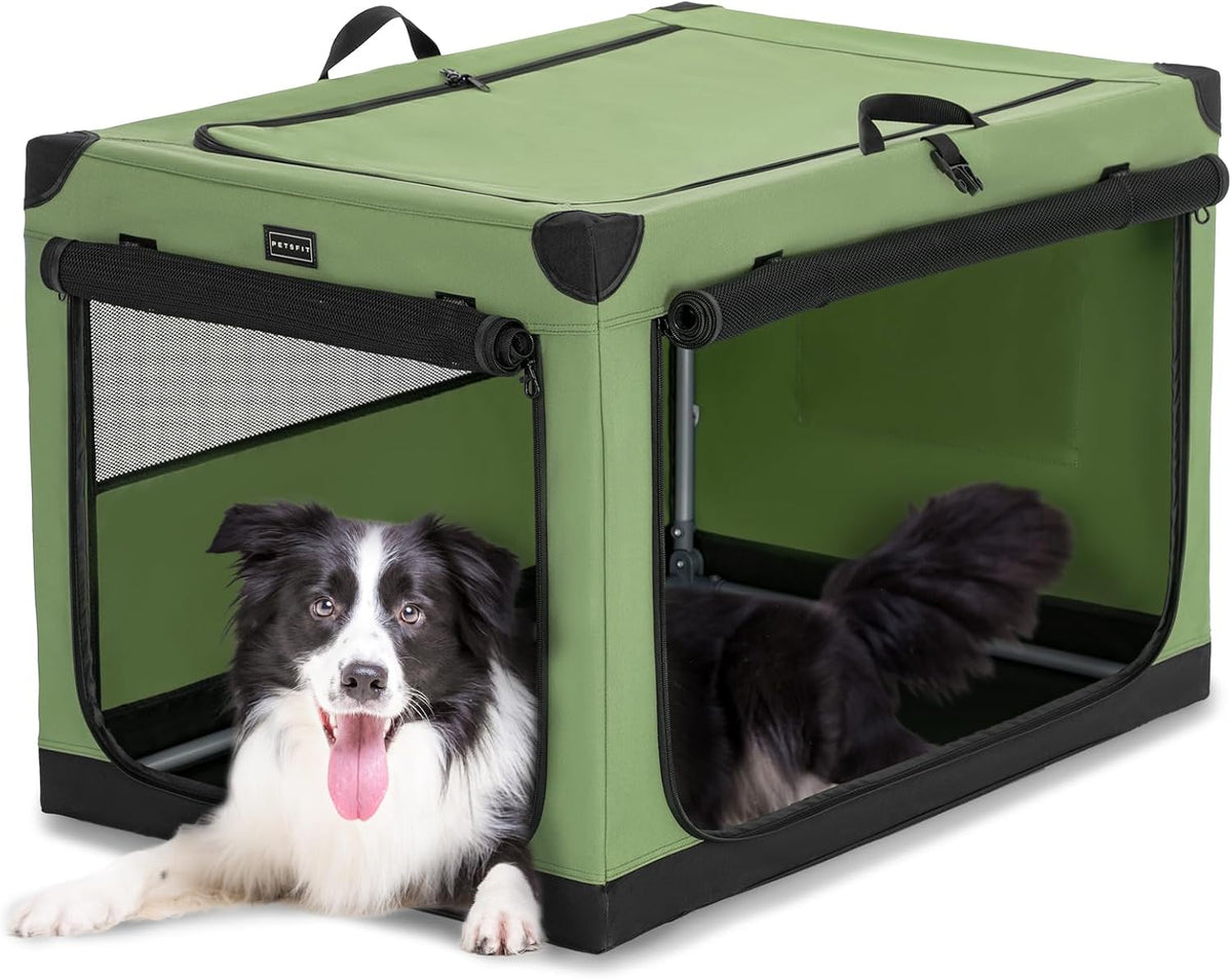 PETSFIT Jaula portátil suave de 36 pulgadas para perros – Marco resistente en espiral patentado, perrera plegable para perros medianos y grandes, 3 puertas de malla, cremalleras con cerradura