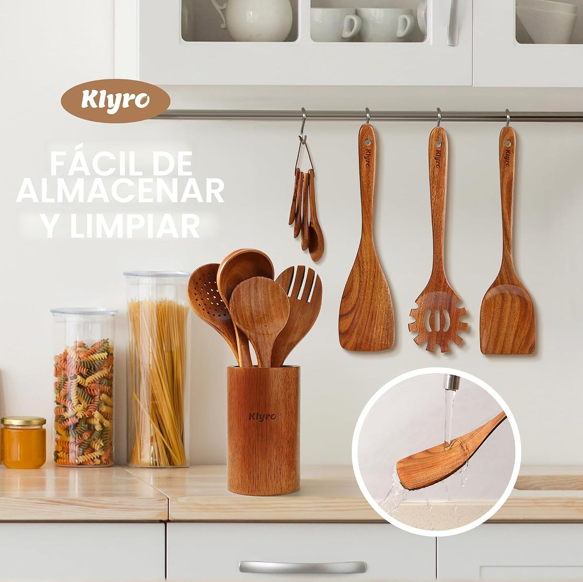 Cucharas de madera para cocinar, juego de utensilios de cocina antiadherentes con 4 cucharas medidoras, juego de espátulas de madera de agarre cómodo, 9 utensilios de cocina de madera de teca