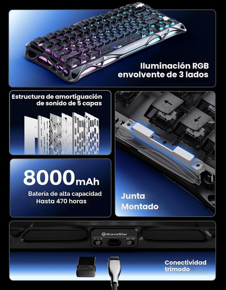 GravaStar Teclado mecánico inalámbrico Mercury K1 75%, teclado para...
