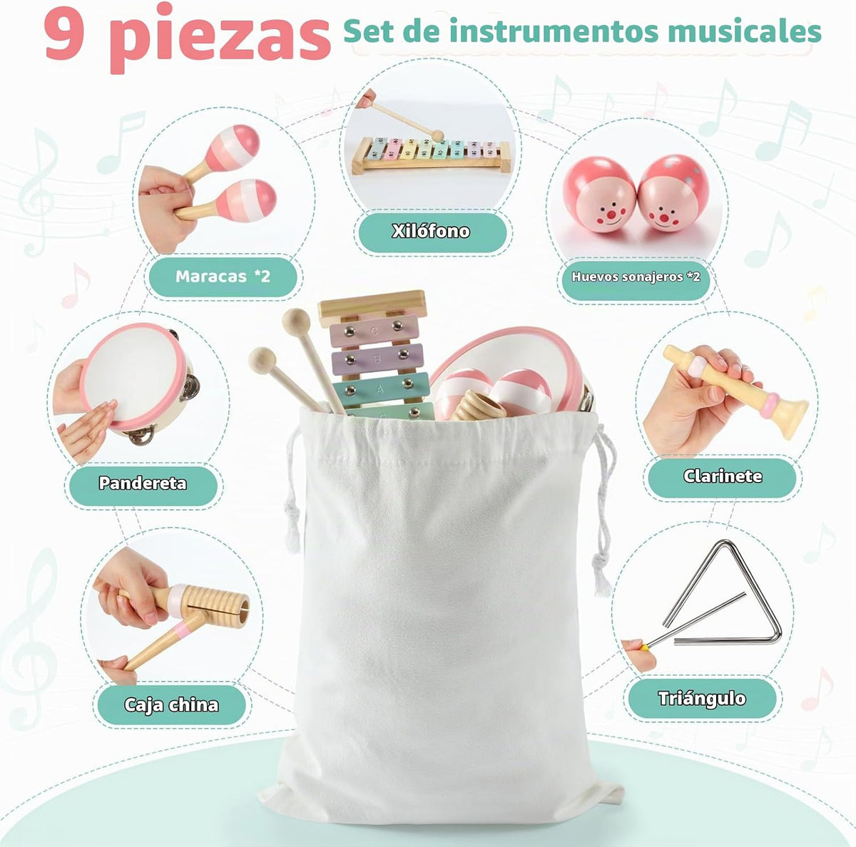 Juego de instrumentos musicales para niños de 9 piezas, juguetes de