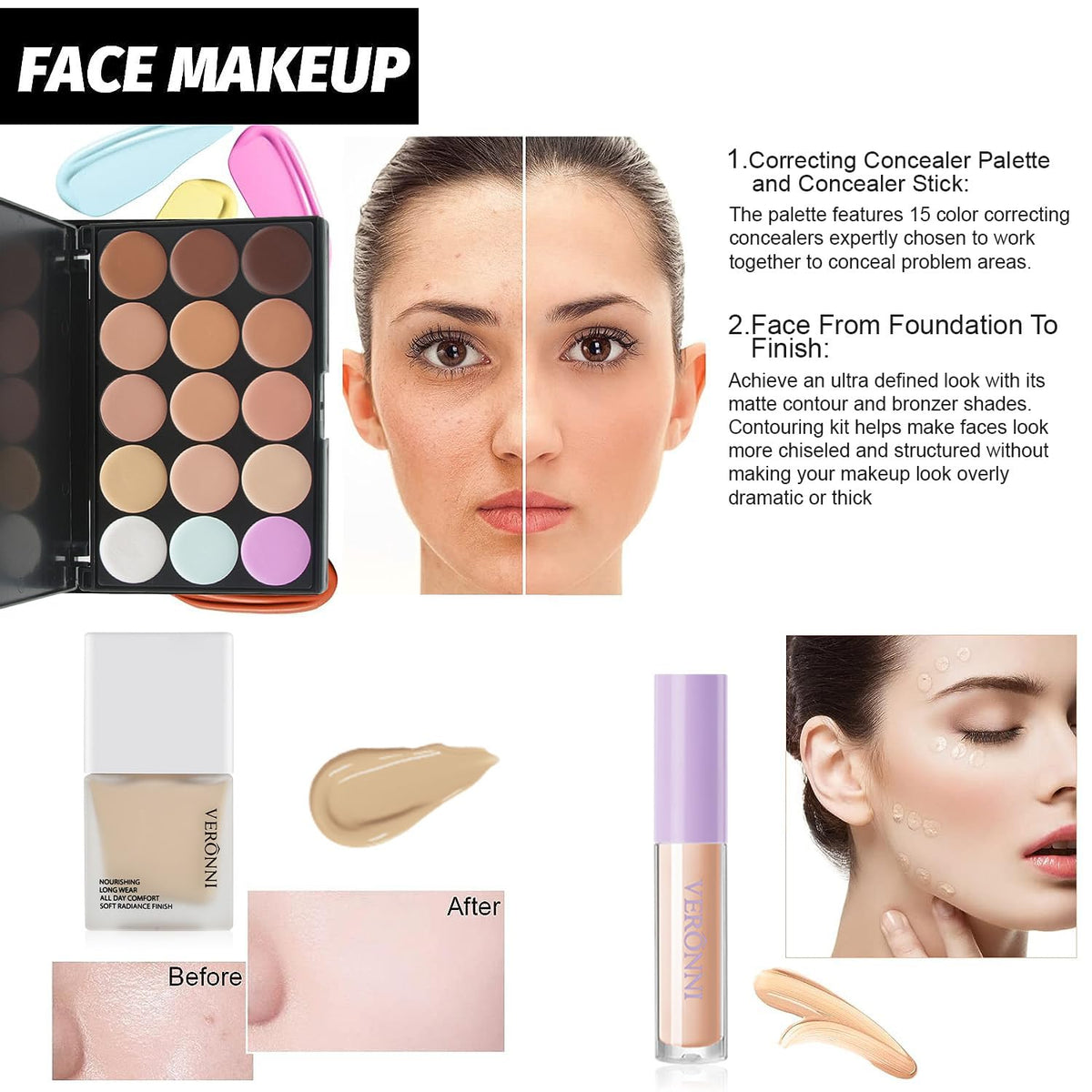 VERONNI Kit de maquillaje todo en uno, maquillaje de ojos y labios...