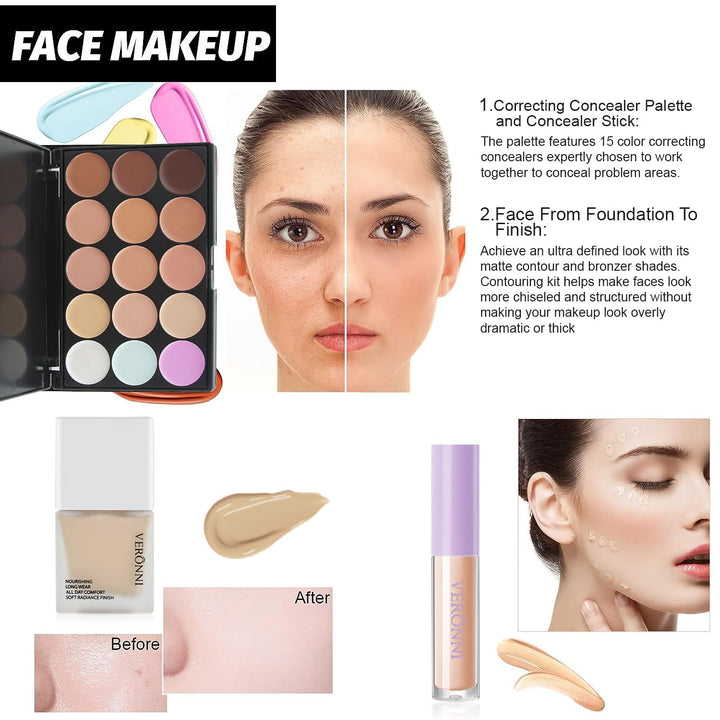 VERONNI Kit de maquillaje todo en uno, maquillaje de ojos y labios...