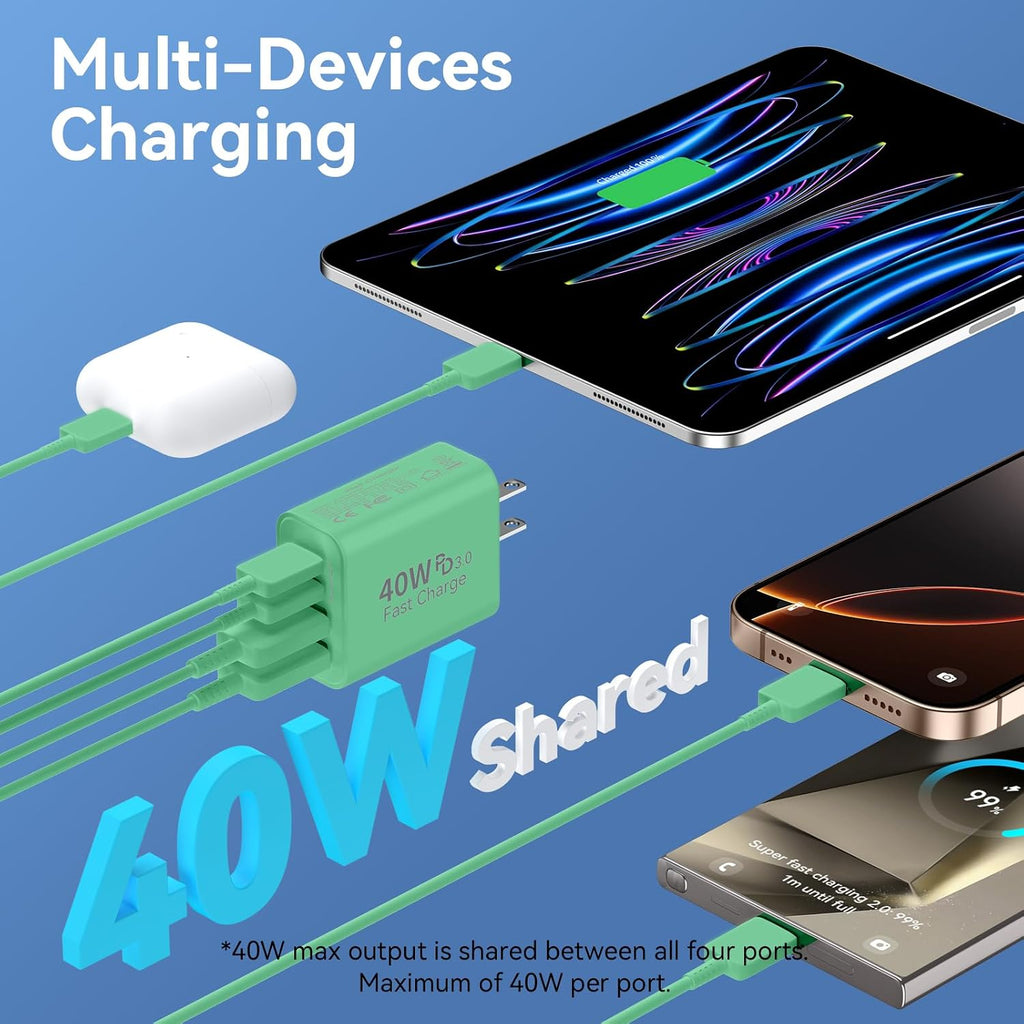 Bloque de carga USB C, paquete de 2 cubos de carga rápida de teléfono de 40 W, 4 puertos tipo C, enchufe de pared PD + QC 3.0 USB A, cabezal de carga, caja de ladrillo de alimentación para iPhone 16