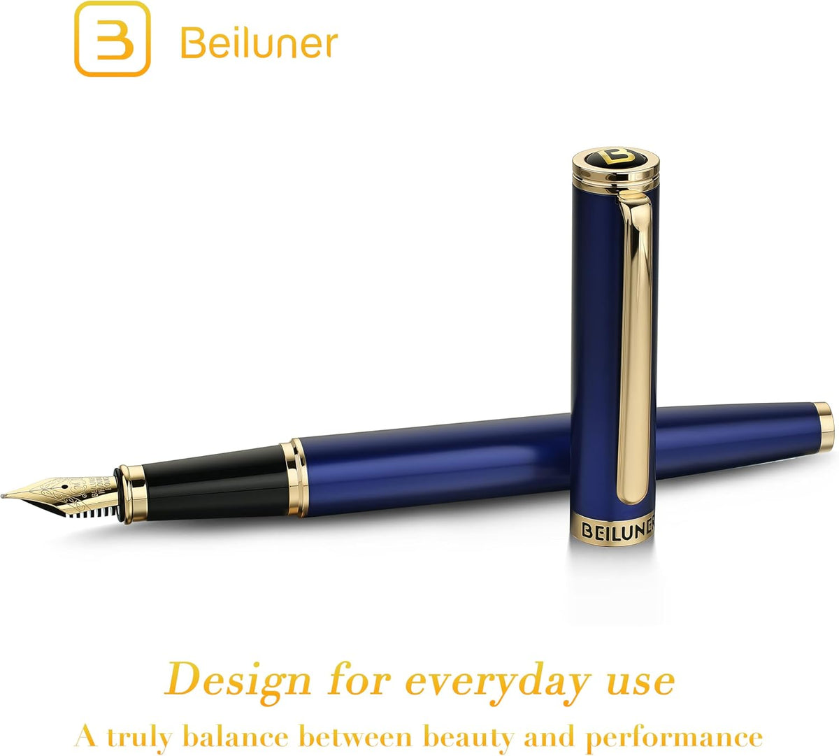 BEILUNER - Pluma estilográfica azul, detalles de oro de 24 quilates, punta