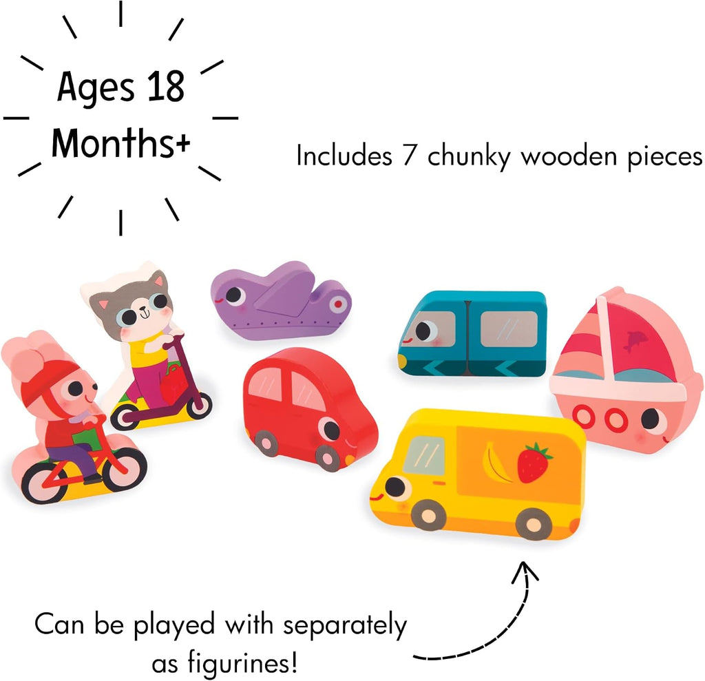 Janod - Vehículos Chunky Puzzle 7 Piezas - Desarrollo de habilidades motoras - Mejora las habilidades motoras - Promueve la imaginación, materiales de calidad segura - Excelencia en diseño francés
