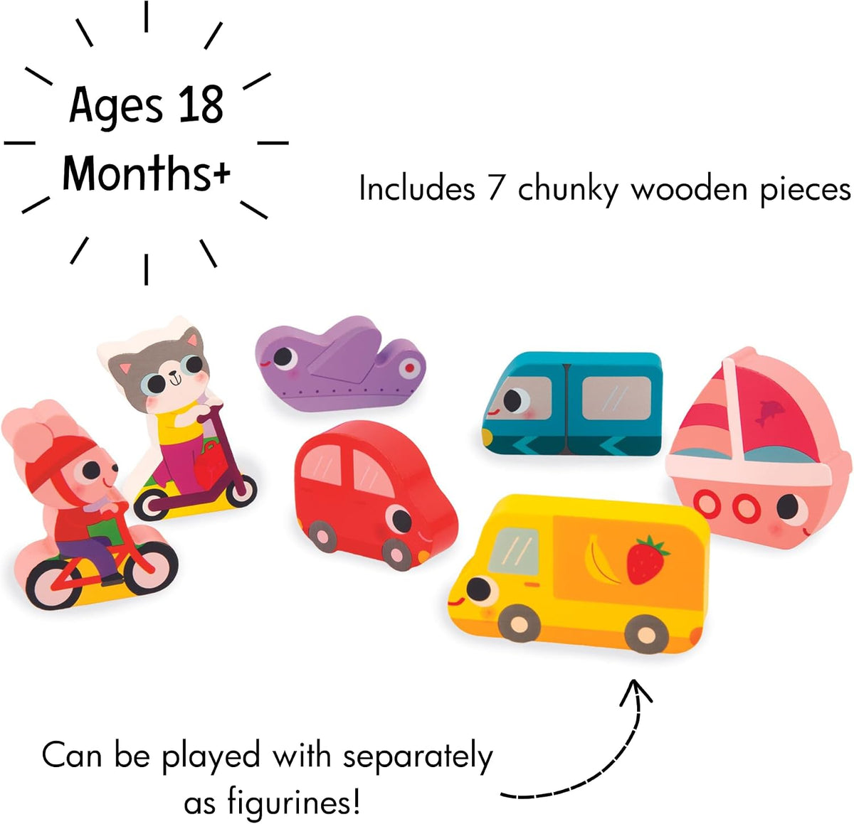 Janod - Vehículos Chunky Puzzle 7 Piezas - Desarrollo de habilidades motoras - Mejora las habilidades motoras - Promueve la imaginación, materiales de calidad segura - Excelencia en diseño francés