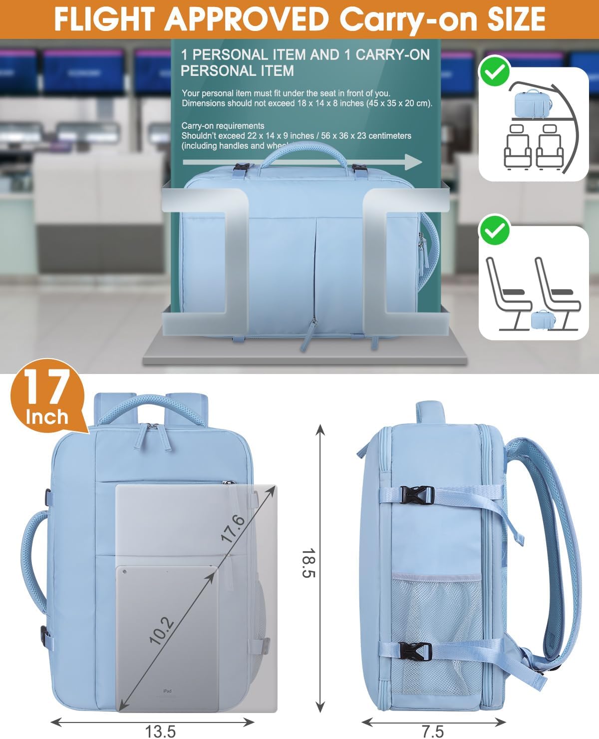 Capolo Mochila de viaje para mujeres y hombres, mochila impermeable para laptop, Azul, 17 pulgadas