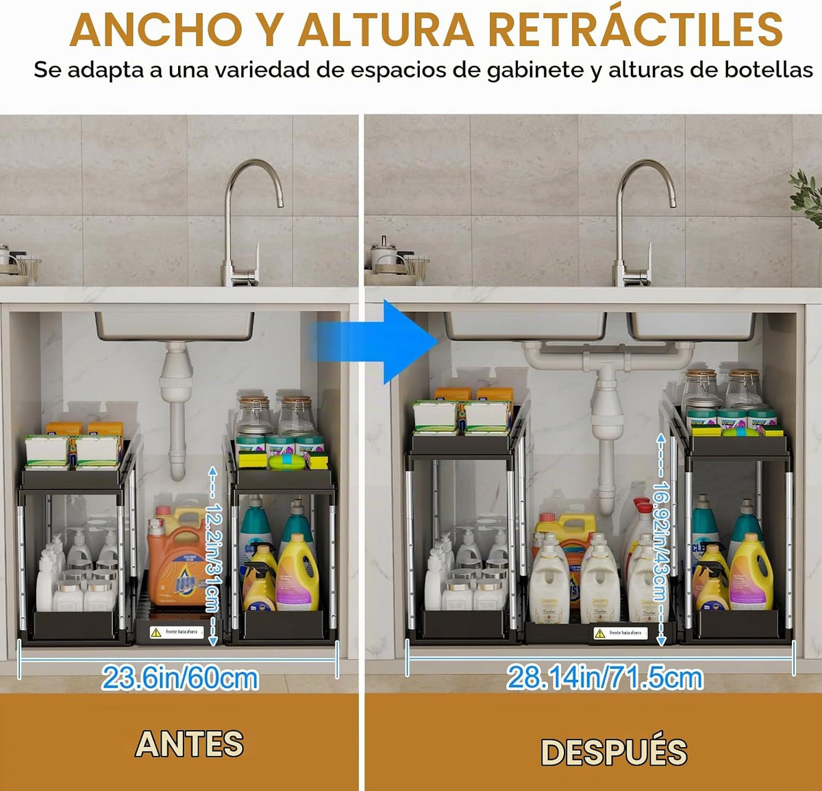 NIUXX Organizador expandible para debajo del fregadero: altura ajustable de