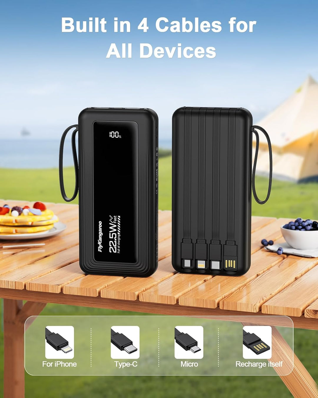 FlyKangaroo - Cargador portátil con cables integrados, batería de 1...