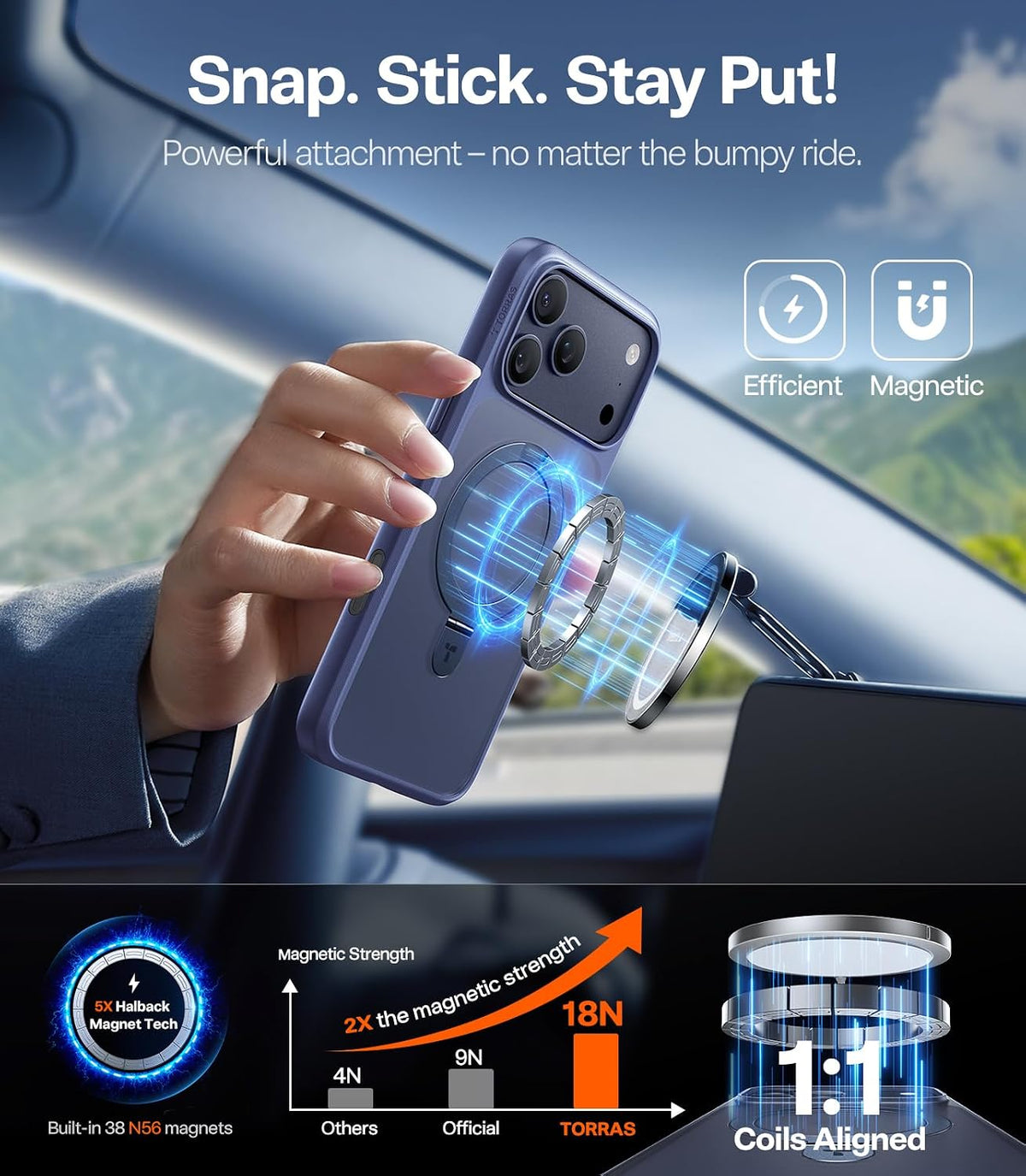 TORRAS - Funda para iPhone 17 Pro, soporte magnético, protección militar contra caídas 4X