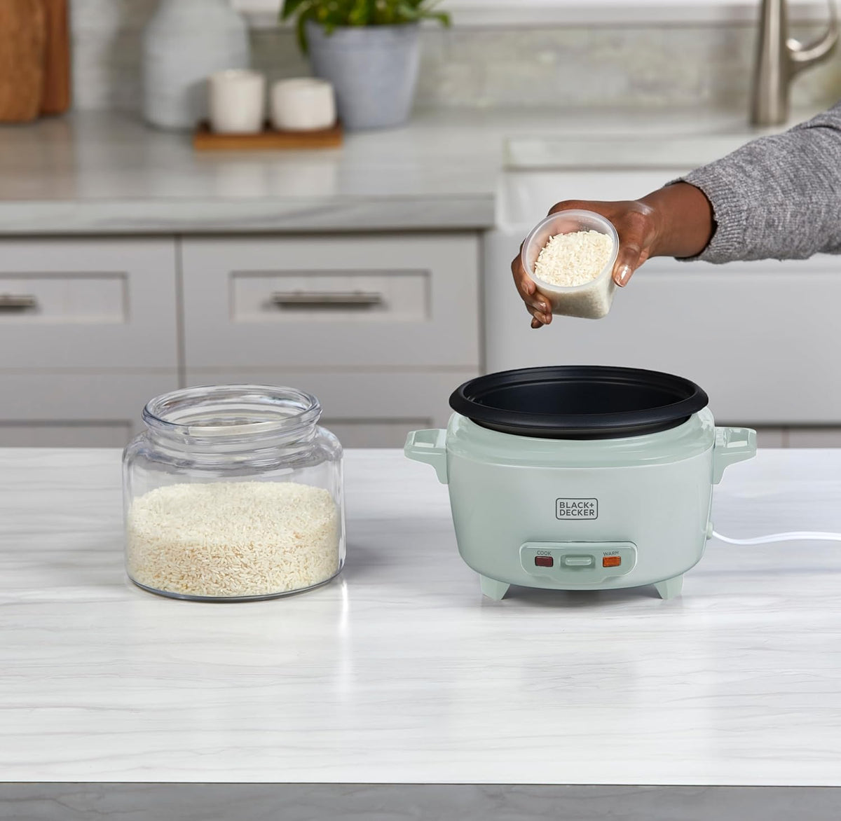 BLACK+DECKER Arrocera de 6 tazas con cesta de vapor, spray de surf