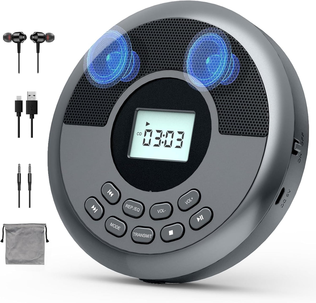 Reproductor de CD portátil Bluetooth con altavoces y auriculares