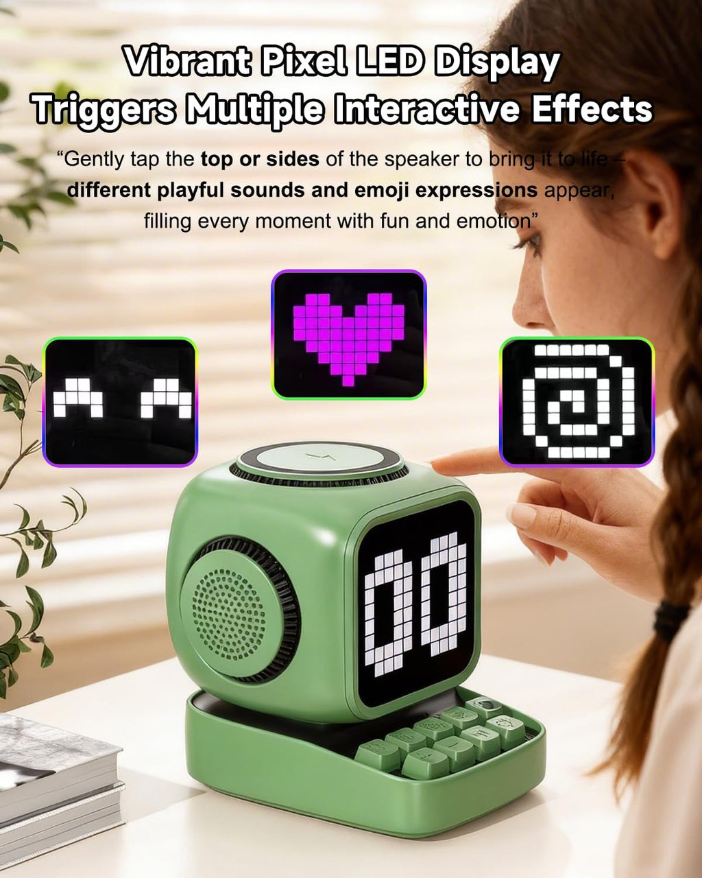 Altavoz Bluetooth 5 en 1 de robot retro: cargador inalámbrico de 15 W, pantalla LED de píxeles, sonido estéreo de 10 W y 15 ruido blanco, reloj despertador, lindo altavoz inalámbrico portátil para