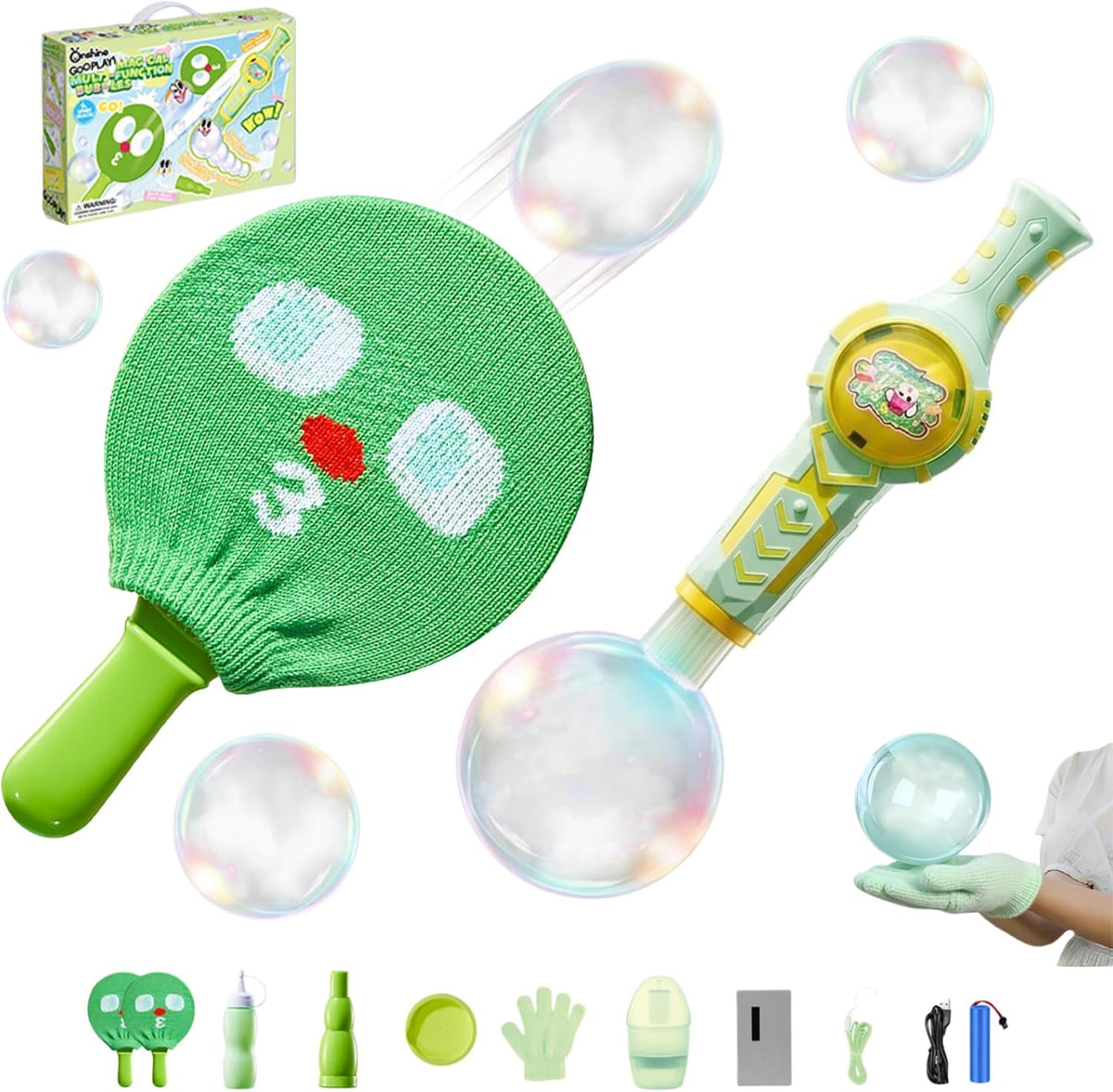 Kit de máquina mágica de burbujas de humo para niños, burbujas elásticas con raquetas y guantes de punto, varita de burbujas antiniebla 10 en 1 con luces y música, regalo sensorial recargable para