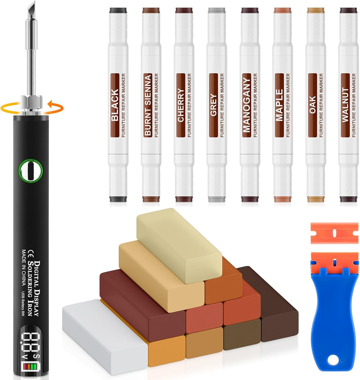 Kit de reparación de piso de vinilo con pluma de calor mejorada - 11 colores cera de madera 8 colores marcadores de doble punta para muebles, kit de reparación de arañazos en pisos laminados cubre