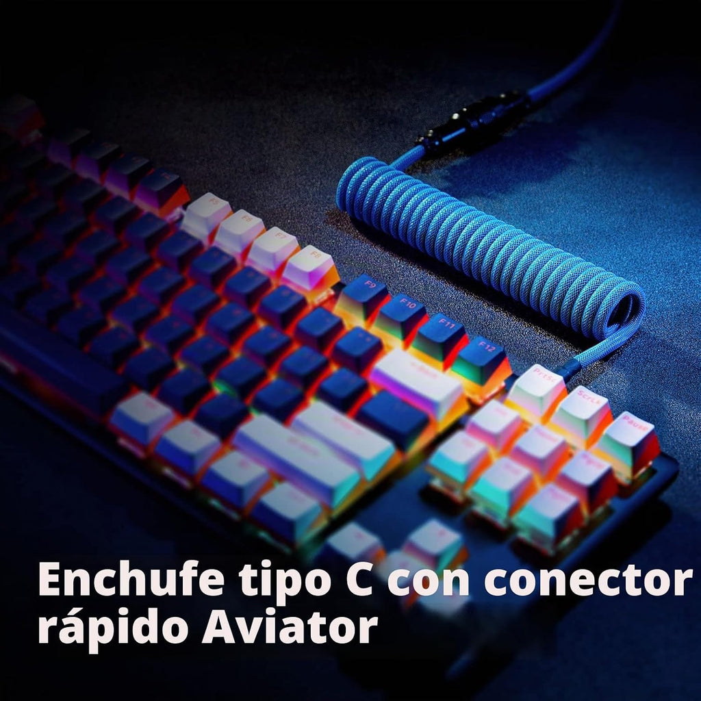 Pro Cable USB C en Espiral Personalizado para Teclado de Juegos, Cable de Teclado Mecánico de Doble Funda con Aviador Metálico Desmontable, 1.5M USB-C a USB-A, Color Azul
