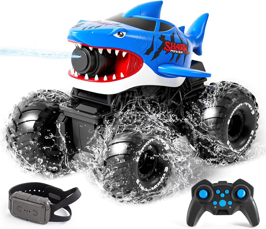Camión monstruo de tiburón anfibio de control remoto con detección de gestos y chorro de agua, 4WD, 1:16, vehículo RC todo terreno, impermeable, tanque RC para piscina, juguete al aire libre, regalos