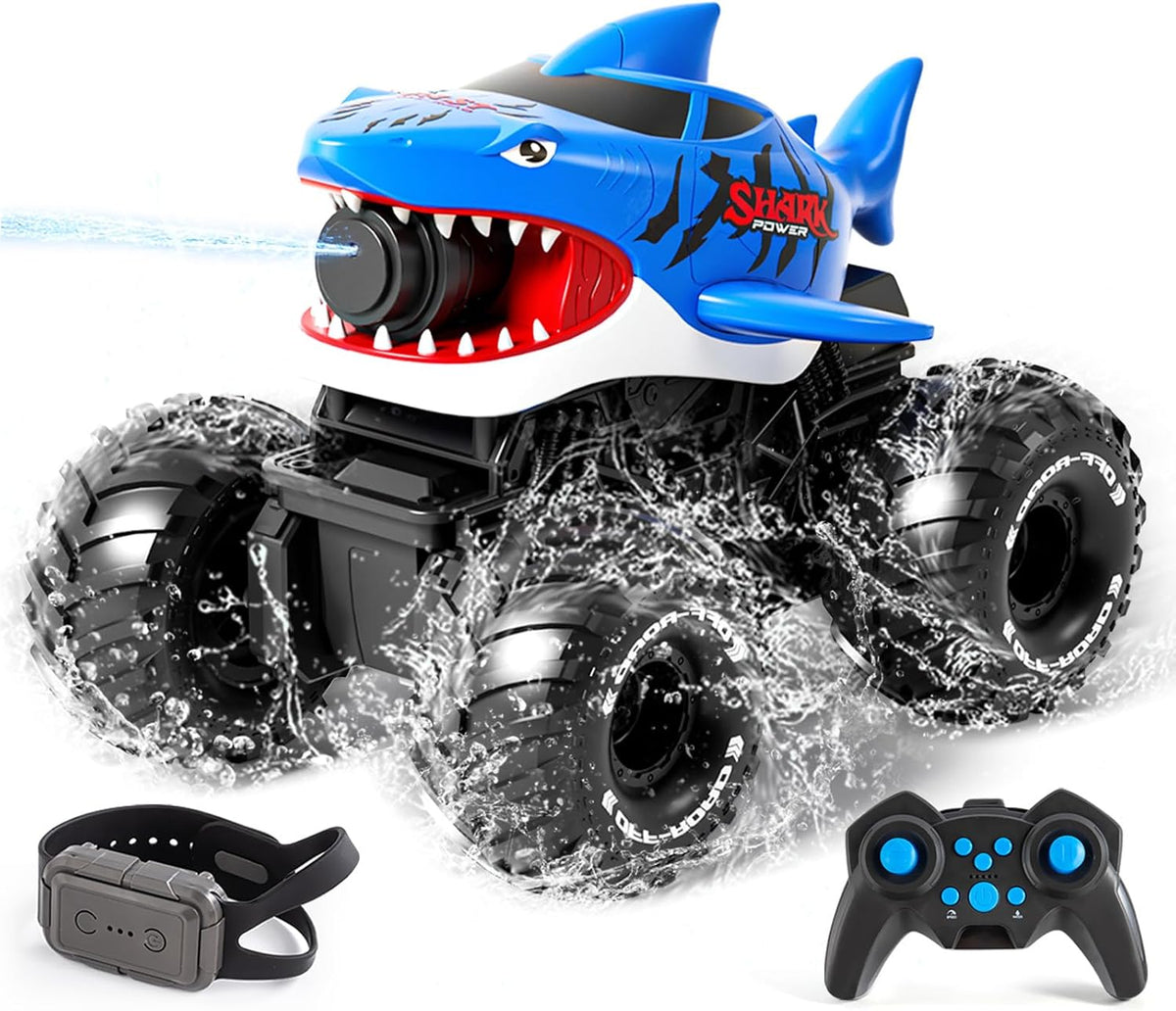 Camión monstruo de tiburón anfibio de control remoto con detección de gestos y chorro de agua, 4WD, 1:16, vehículo RC todo terreno, impermeable, tanque RC para piscina, juguete al aire libre, regalos