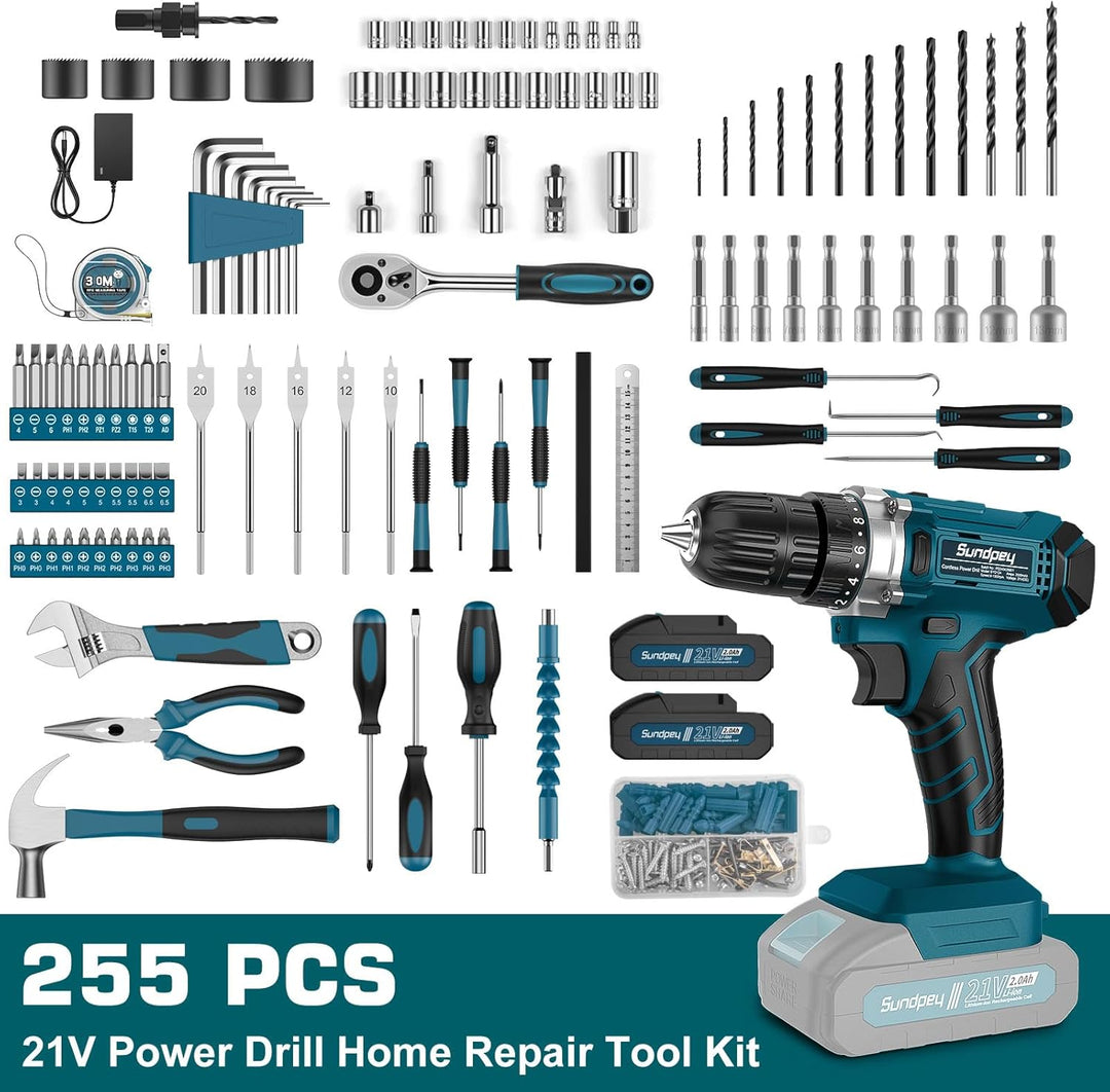 Kit de herramientas con taladro inalámbrico de 21 V - Sundpey 255 p...