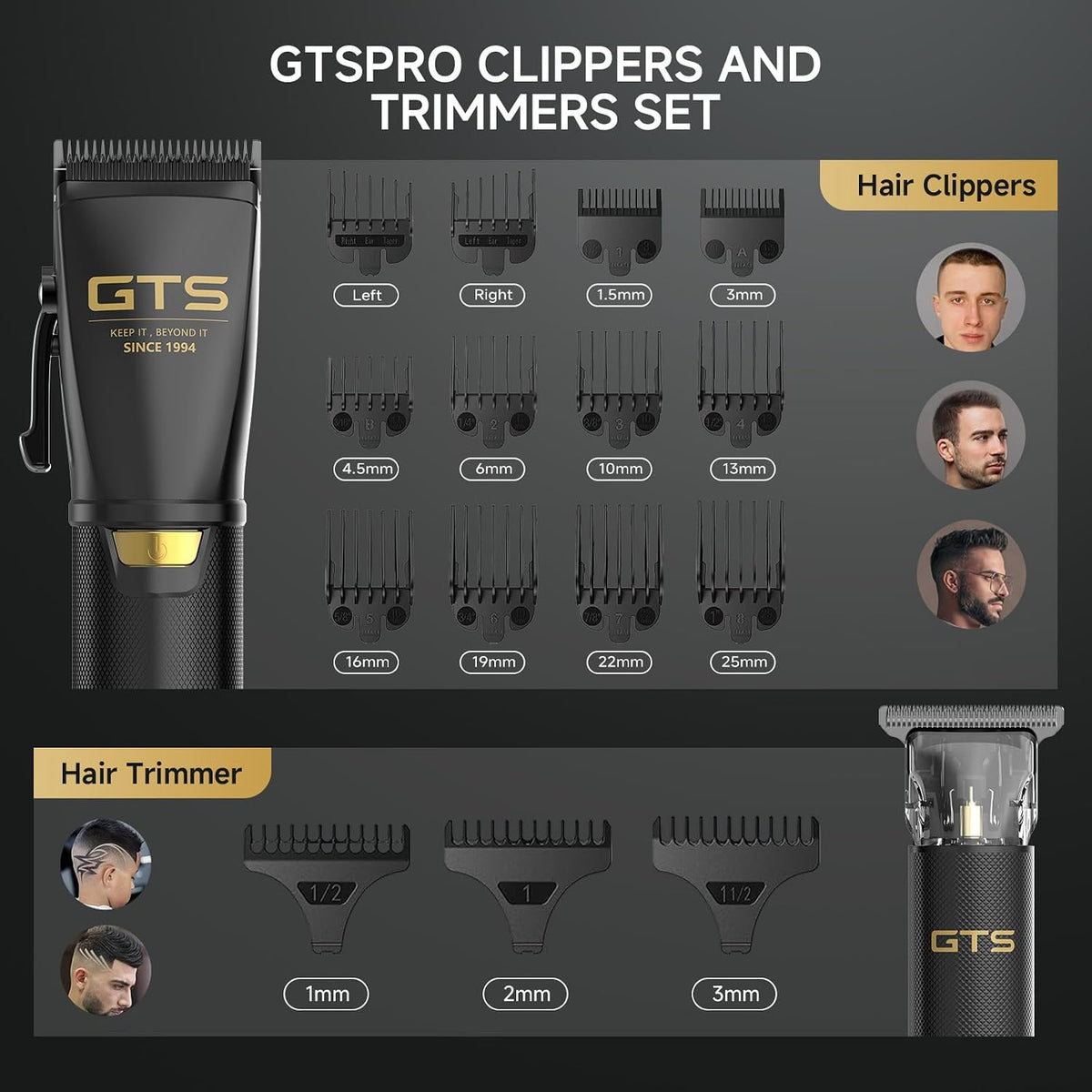 GTSPRO Afeitadoras/Recortadoras para Hombre Profesionales, Recortadora de Cabello Inalámbrica para Cortar el Cabello, Kit de Recortado para Barberos con Pantalla LED y 15 Peines Guía
