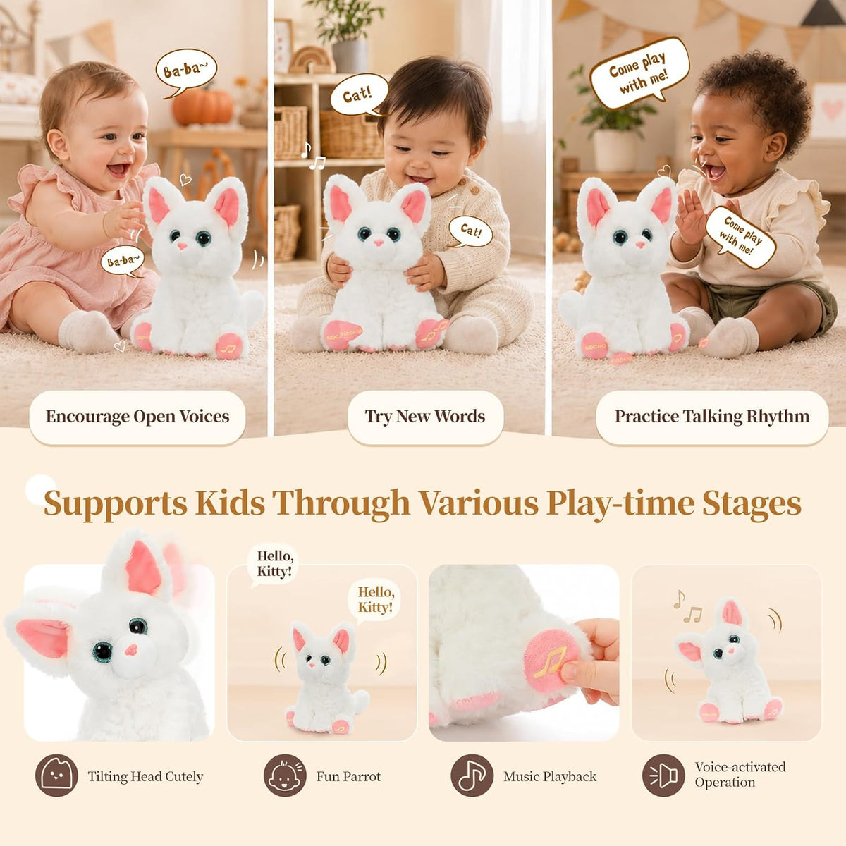 Juguete de peluche blanco del gato, 10" juguete musical interactivo