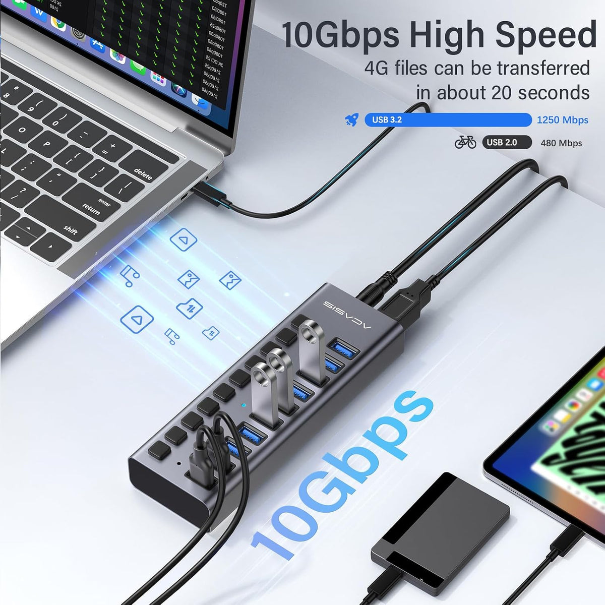 ACASIS, HS-710, hub USB 3.2 de 10 puertos, alimentado